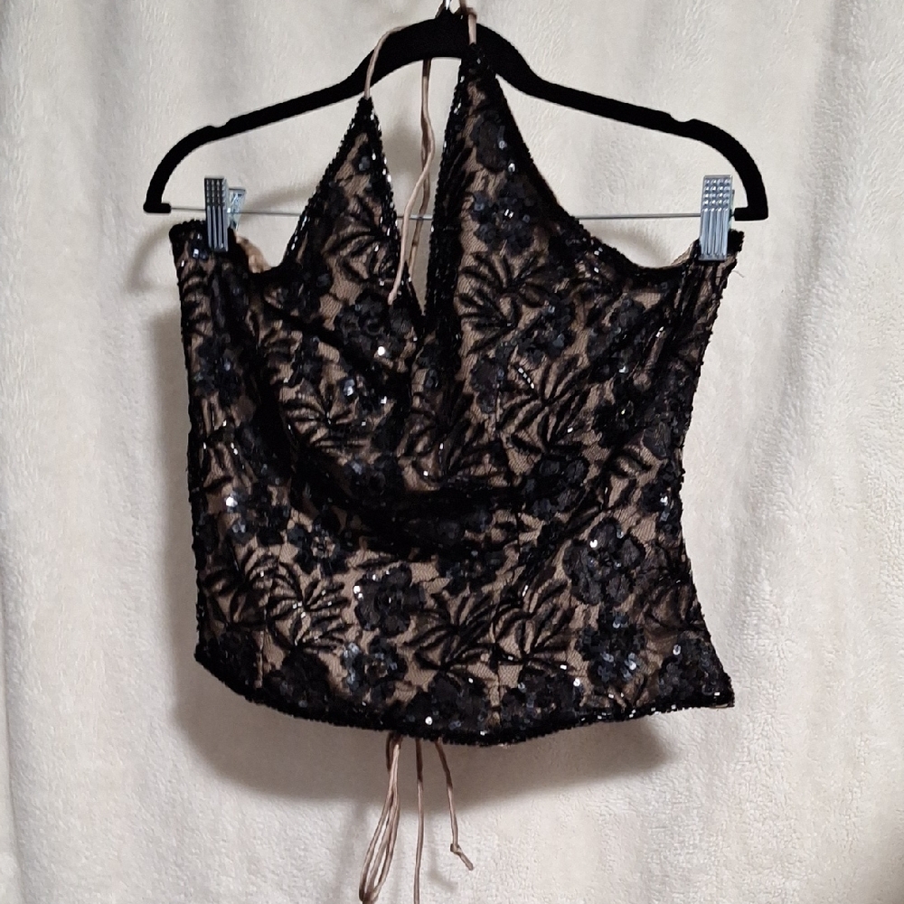 Black Lace Sequin Halter Top